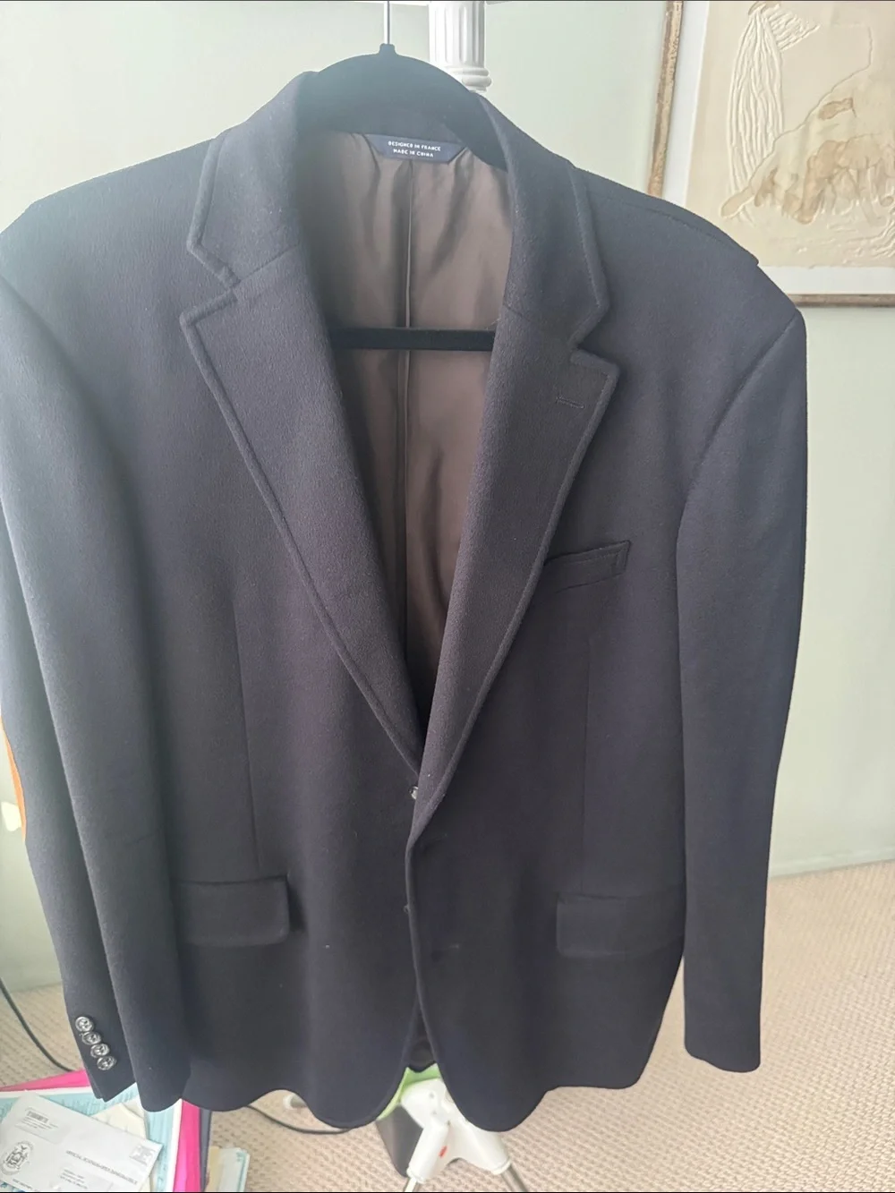 Faconnable Men's Black Blazer with Brown Elbow Patches